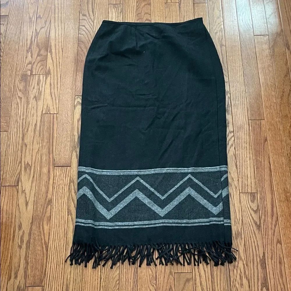 Nine & Company Black Wool Wrap Midi With Fringe Skirt Sz 12 NWT